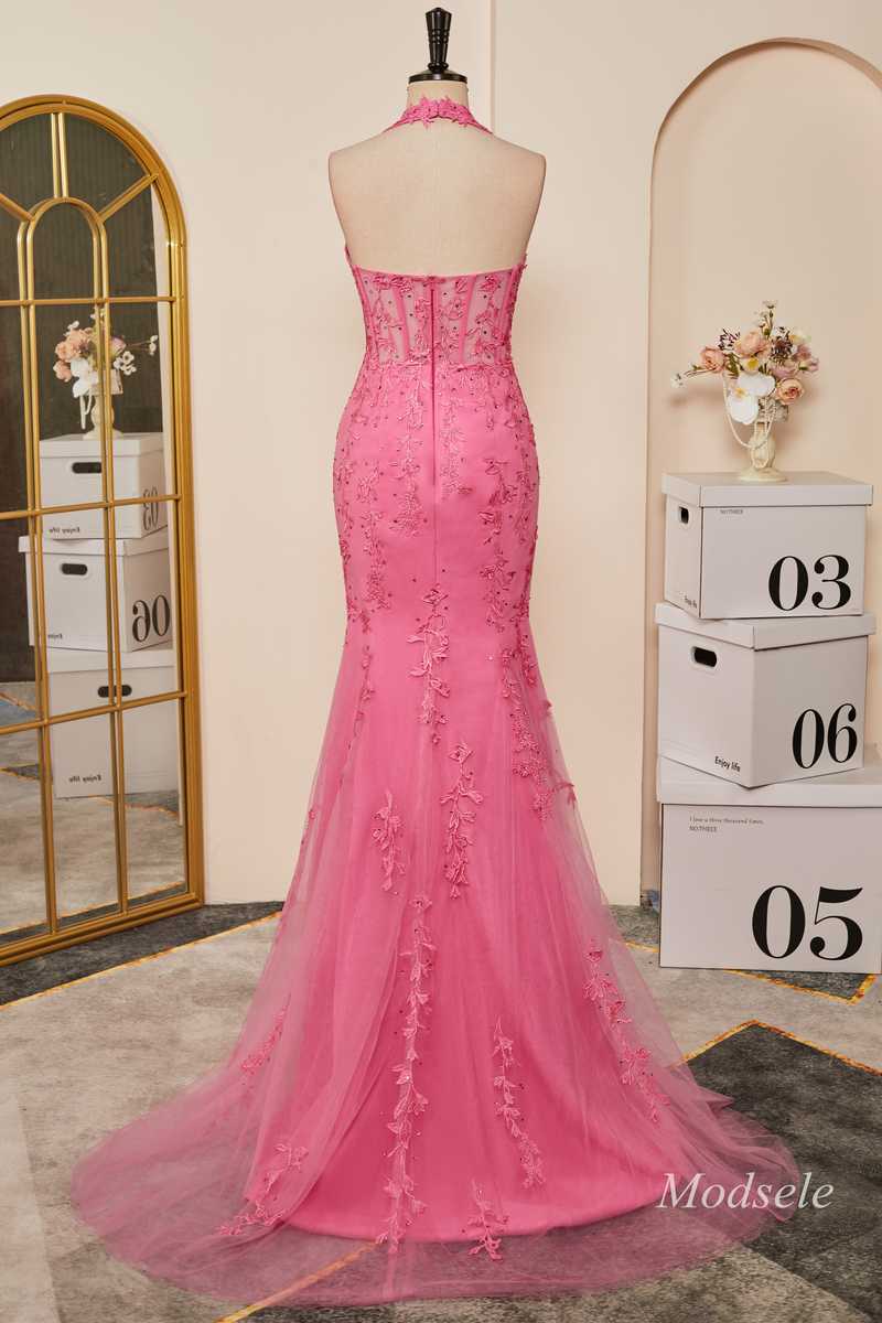 Hot Pink Appliques Halter Mermaid Long Prom Dress with Slit