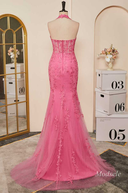 Hot Pink Appliques Halter Mermaid Long Prom Dress with Slit