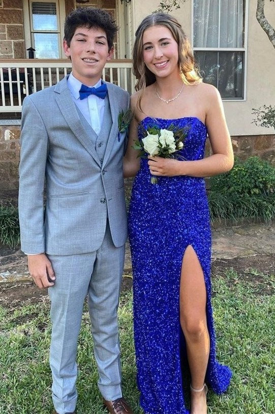 Gold Sequin Strapless Backless Mermaid Long Prom Dress with Slit