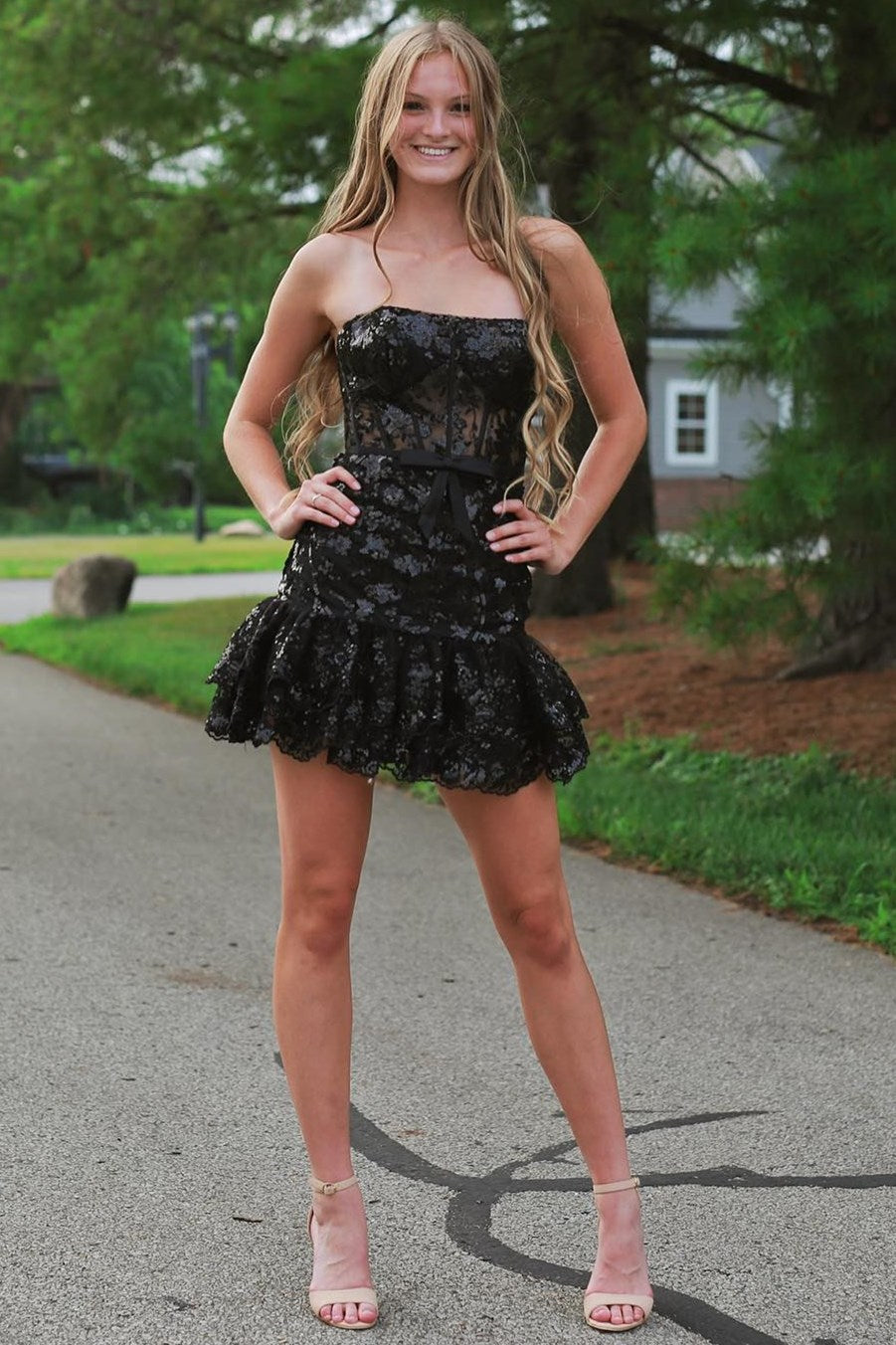 Lavender Sequin Lace Strapless Sheer Bodice Short Gown with Ruffles
