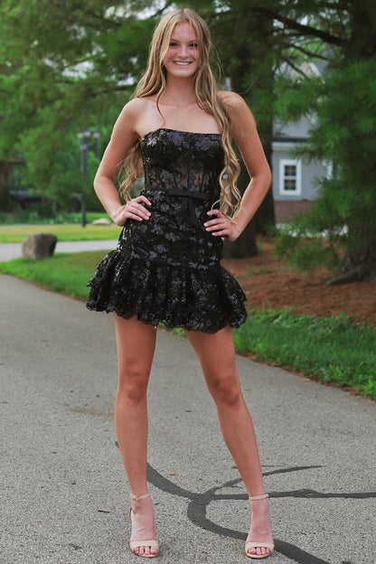 Lavender Sequin Lace Strapless Sheer Bodice Short Gown with Ruffles