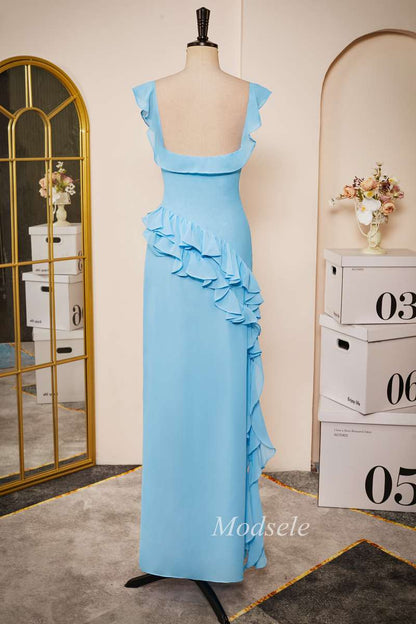 Light Blue Sweetheart Open Back Ruffle Long Dress