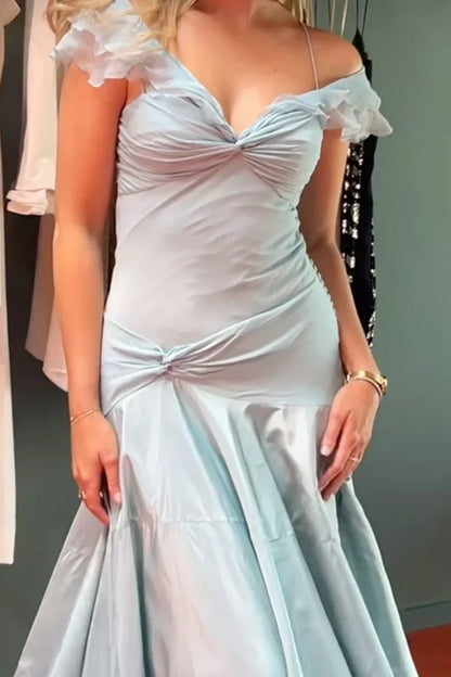 Jimiss Retro Style A-line Off Shoulder Grey Blue Ruffle Long Prom Dress