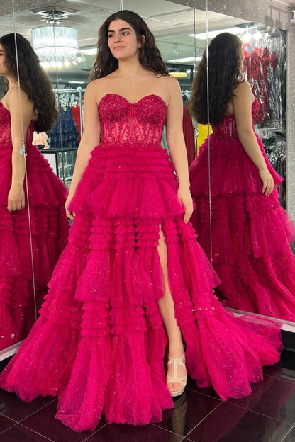Strapless Tulle Sweetheart Tiered A-Line Long Prom Dress with Ruffles