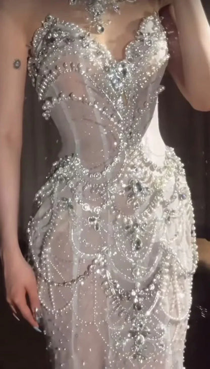 Elegant Silver-White Mermaid Sweetheart Neckline Pearl-Beaded Tulle Train Prom Dress Evening Dress cc5123