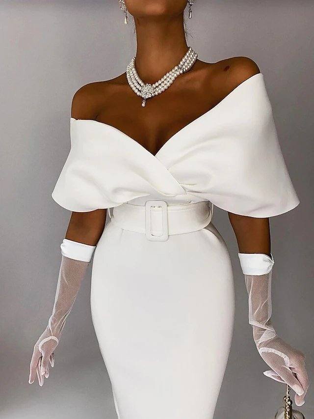 Sheath / Column Elegant bodycon Party Wear Cocktail Party Dress Off Shoulder Sleeveless Tea Length Stretch Fabric with Sash / Ribbon - RongMoon