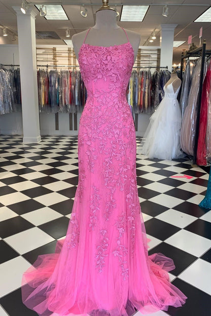 Red Floral Appliques Tulle Mermaid Long Formal Dress