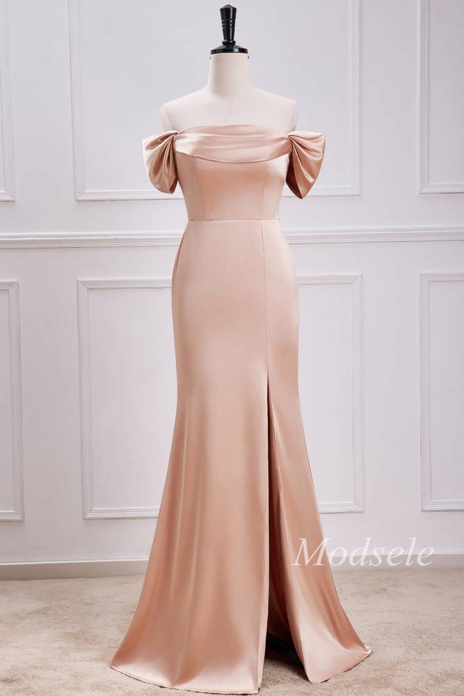 Champagne Off-the-Shoulder Mermaid Maxi Dress with Slit