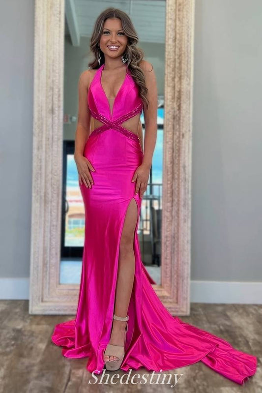 V-Neck Mermaid Fuchsia Side Cutout Prom Dress with Slit