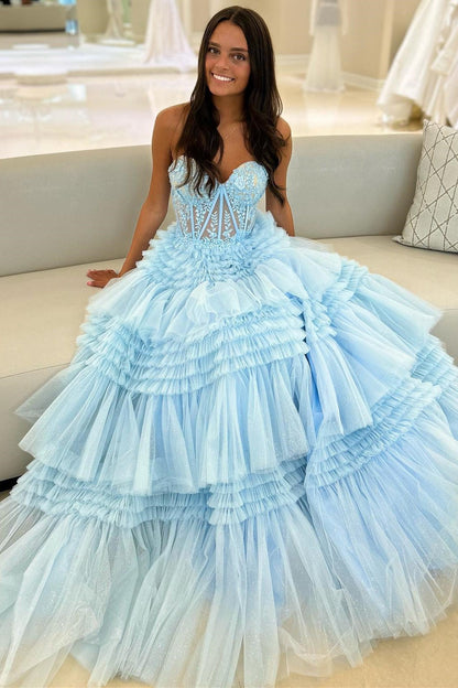 Strapless Tulle Sweetheart Tiered A-Line Long Prom Dress with Ruffles