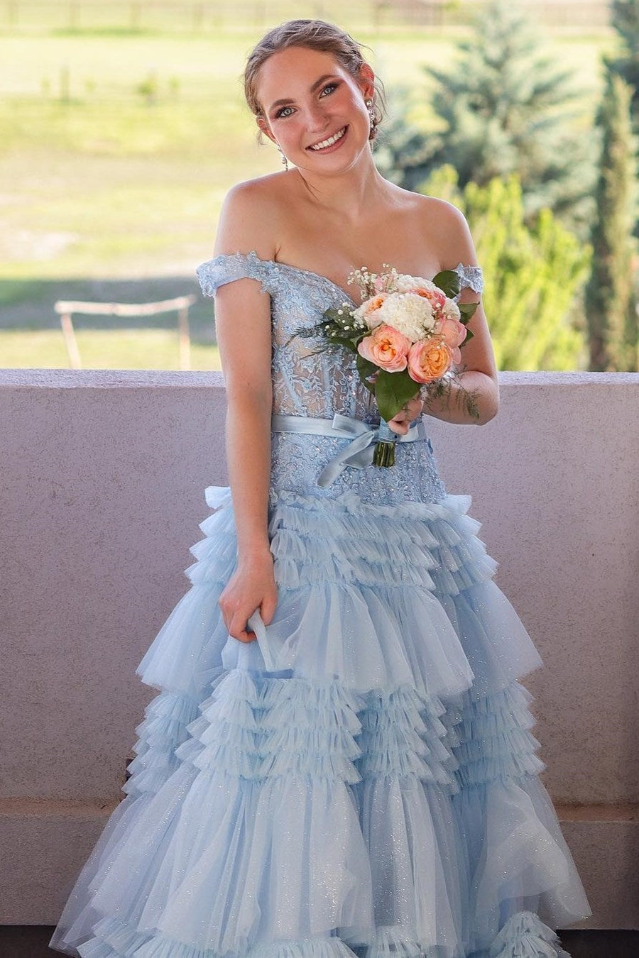 Princess Tulle Off-the-Shoulder Tiered A-Line Prom Gown