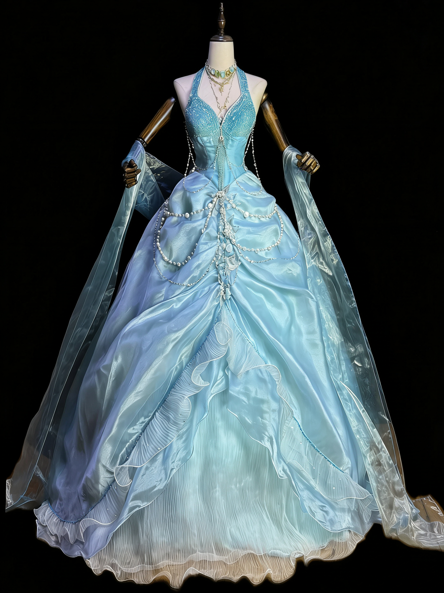 Mermaid Style Sea Blue Halter Pearl Tassel Ballgown - Ocean Theme Wedding & Cosplay Dress gh6557