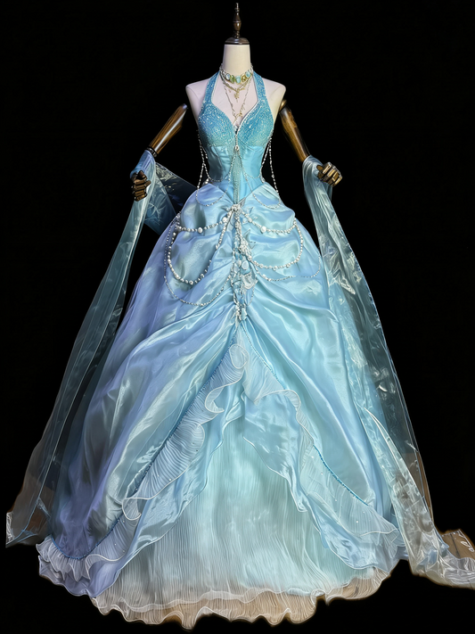 Mermaid Style Sea Blue Halter Pearl Tassel Ballgown - Ocean Theme Wedding & Cosplay Dress gh6557