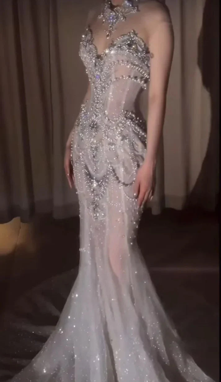 Elegant Silver-White Mermaid Sweetheart Neckline Pearl-Beaded Tulle Train Prom Dress Evening Dress cc5123