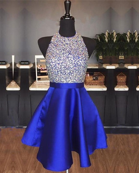 A-line Beaded Halter Satin Prom Dresses Short Open Back Homecoming Dresses
