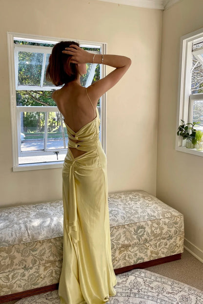 Jimiss chic yellow thin shoulder strap long Prom dress