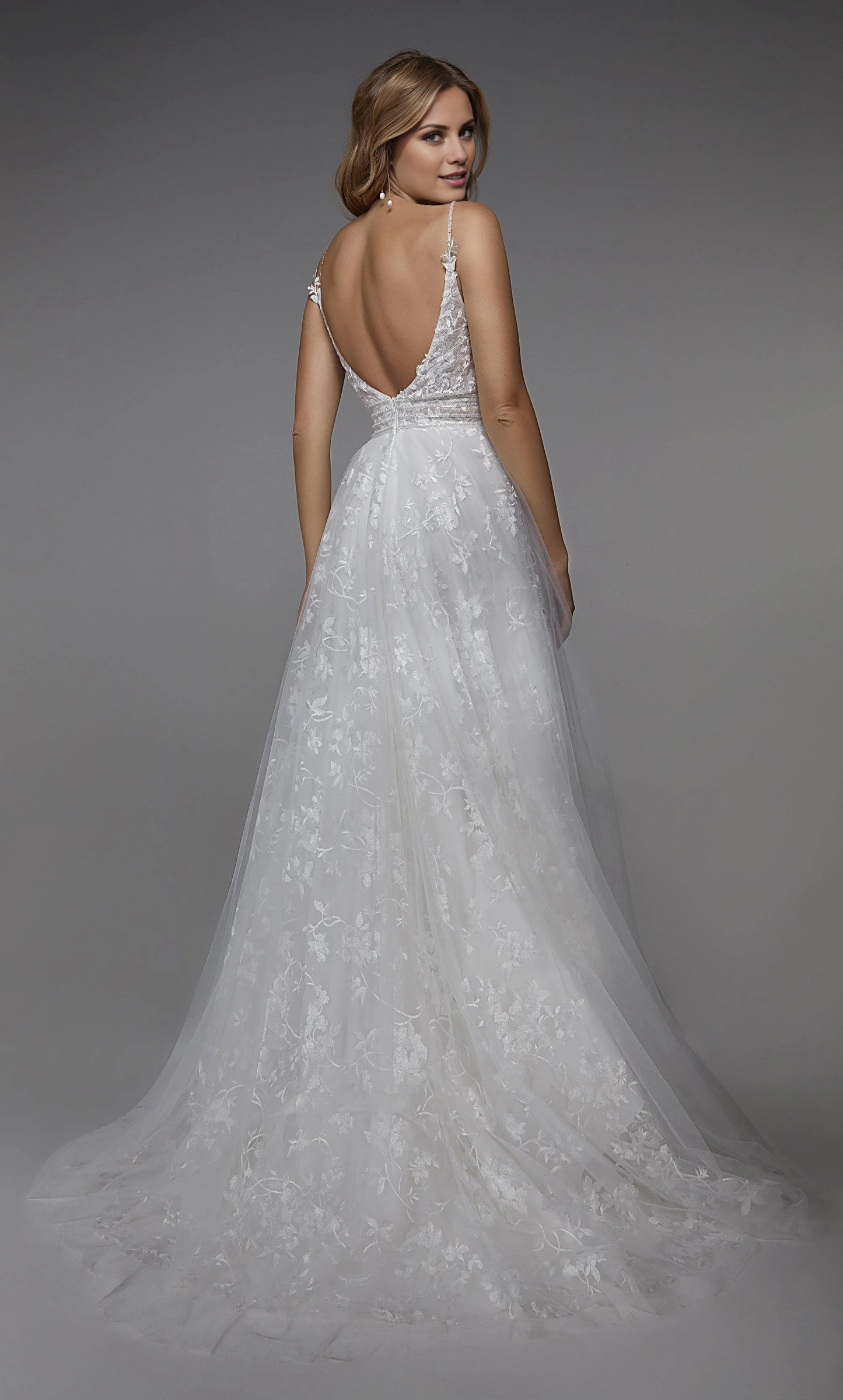 Chiffon lace deep V-neck A-line backless floral decals and floor length wedding dresses