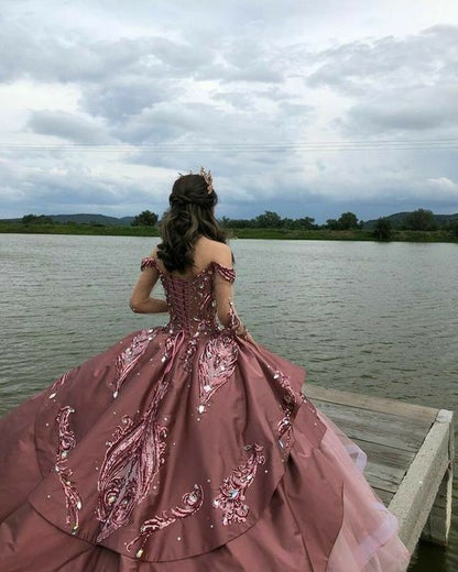 Elegant Pink Embroidery Off-the-shoulder Sweet 16 Quinceanera A-Line Prom Dress Birthday Dress Evening Dress Ball Gown HZ1024