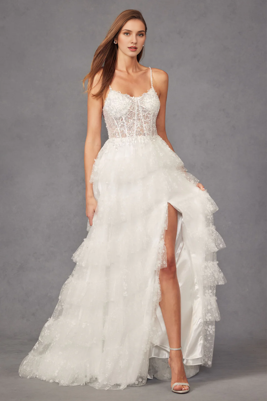 Flash decal white long sleeveless tight corset wedding dress