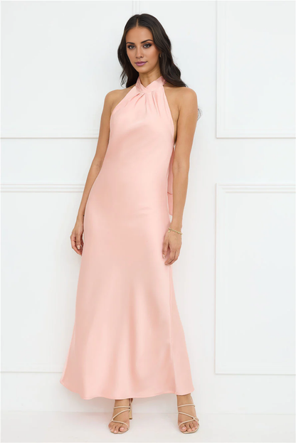 Jimiss halter neckline satin bow tie tie maxi prom dress