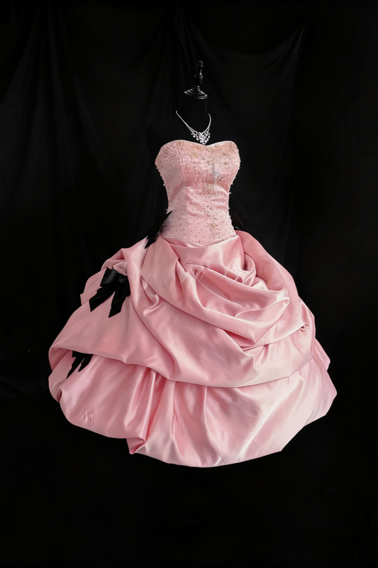girlhomeshops-Girlish Heart Party Style Pink Satin & Black Bow Beaded Strapless Floor - Length Birthday Highlight Dress gh5888