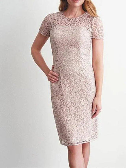 Sheath / Column Mother of the Bride Dress Elegant Jewel Neck Knee Length Lace Short Sleeve with Lace - RongMoon