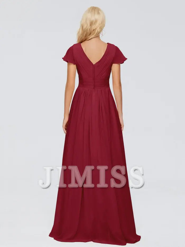 A-line V-neck chiffon side slit and floor length bridesmaid dress