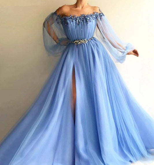 Blue Muslim Evening Dresses A-line Long Sleeves Tulle Lace Pearls Slit Islamic Dubai Saudi Arabic Long Formal Evening Gown - RongMoon