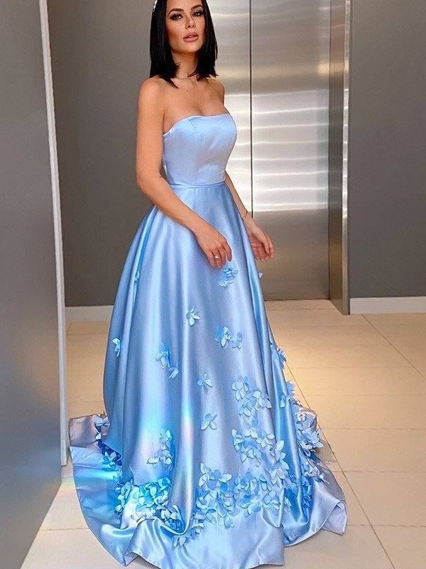 A-Line/Princess Satin Hand-Made Flower Strapless Sleeveless Sweep/Brush Train Dresses - RongMoon