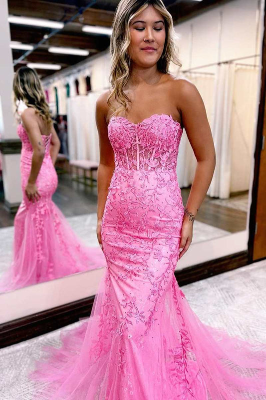 Sweetheart Hot Pink Floral Lace Trumpet Long Prom Dress
