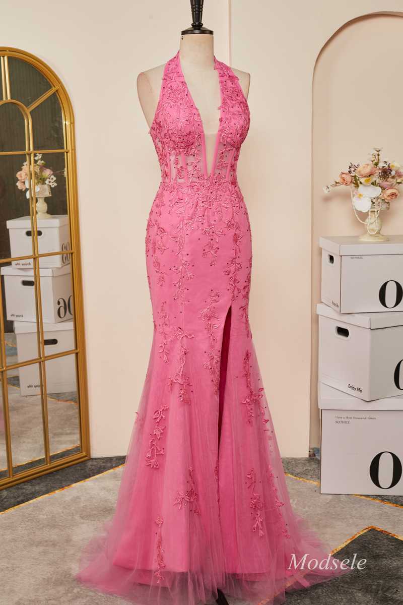 Hot Pink Appliques Halter Mermaid Long Prom Dress with Slit