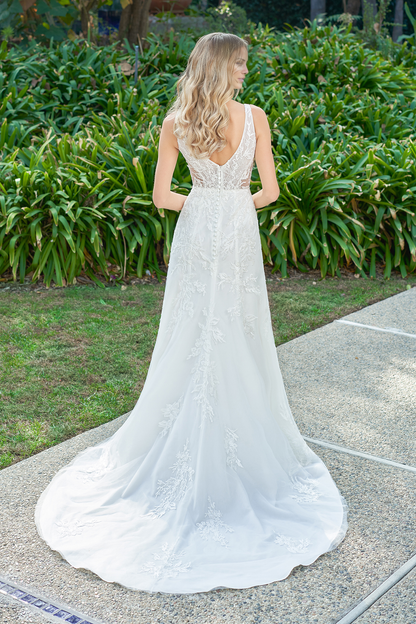Deep V-neck off shoulder sleeveless lace floral patch backless and floor length wedding dress