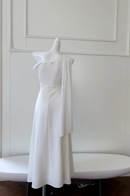 girlhomeshops- Minimalist White Asymmetric Off-Shoulder Midi Evening Gown gh6097