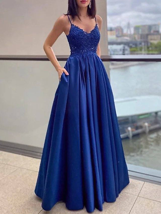 A-Line Minimalist Sexy Party Wear Prom Dress V Neck Spaghetti Strap Sleeveless Floor Length Lace Satin with Pleats Appliques - RongMoon