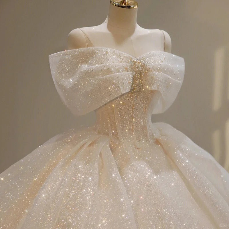 Girlhomeshops-White Sparkling Gorgeous Off Shoulder Bow Starry Bead Decoration and Ground Formal Ball Dress Lace Dress Exquisite Wedding Dress gh5312