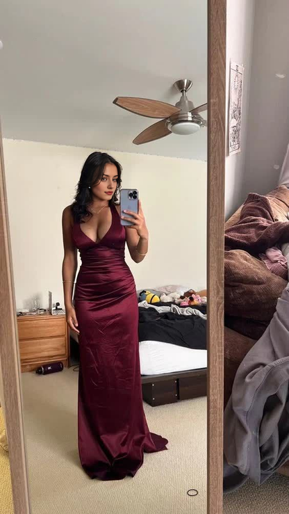 Jimiss Simple Wine Red V-neck Long Party Dress Formal Prom Dress