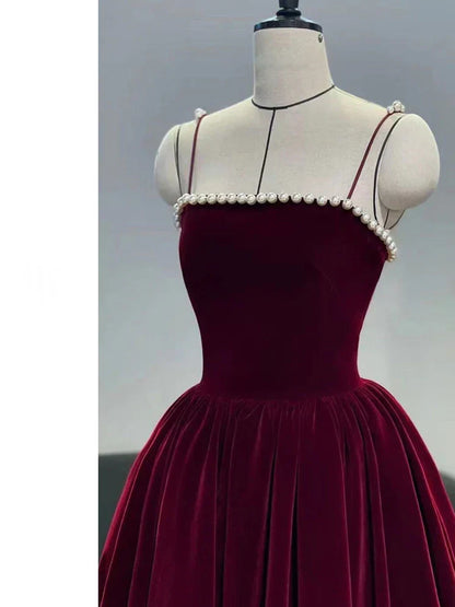 Retro Burgundy Beaded Spaghetti Strap Design A-line Velvet Party Dress Homecoming Dress HZ1024