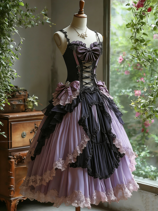 Dark Sweet Lolita Black-Purple Contrast Lace-Up Ballgown - Tea Party & Cosplay Dress gh6553