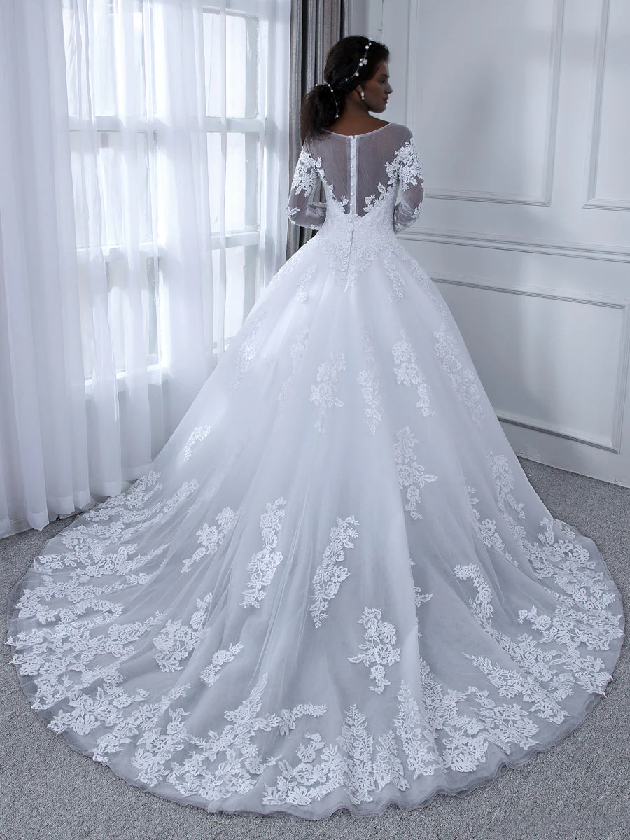 Pearl embellishment decal transparent collar long sleeved chiffon dance dress wedding dress