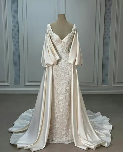 Girlhomeshops-Ivory white long-sleeved satin long floor-length wedding dress prom dress gh5390