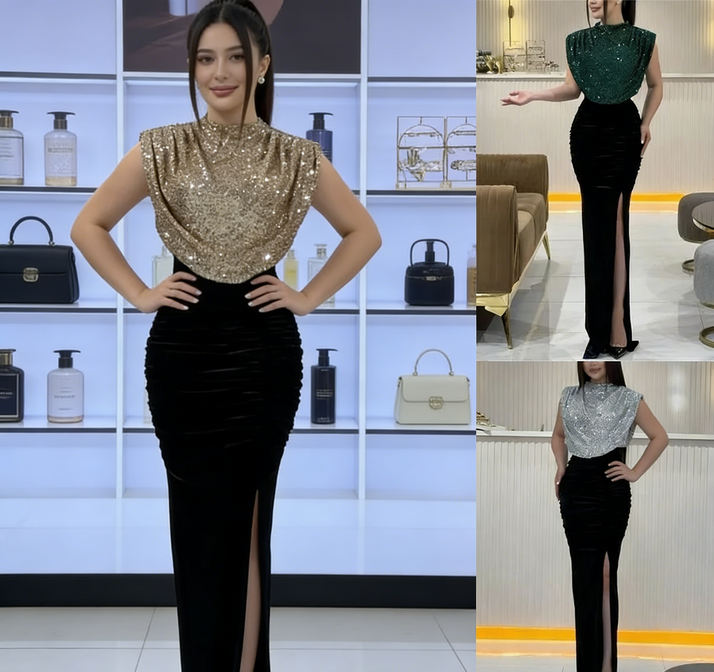 Sequin Velvet Panel Slit Maxi Dress - Sleeveless High Neck Party Statement Gown gh6970