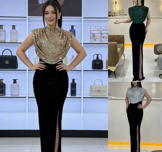 Sequin Velvet Panel Slit Maxi Dress - Sleeveless High Neck Party Statement Gown gh6970