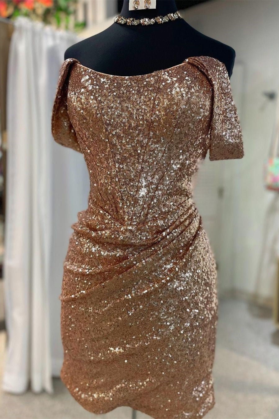 Magenta Sequin Off-the-Shoulder Ruched Cocktail Dress