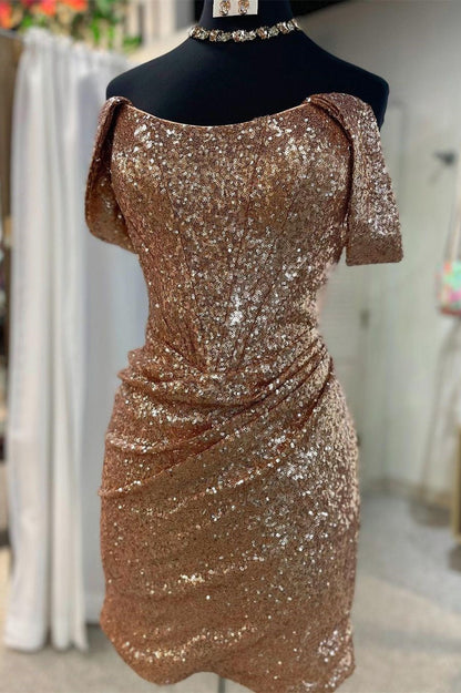 Magenta Sequin Off-the-Shoulder Ruched Cocktail Dress