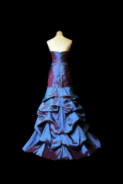 Iridescent Purple-Blue Strapless Ruched Mermaid Gown with Crystal Beaded Waistband gh7097