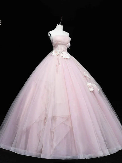 Simple Pink Applique Strapless Sweet 16 Quinceanera A-Line Tulle Floor-length Prom Dress Birthday Dress Evening Dress Ball Gown HZ1024