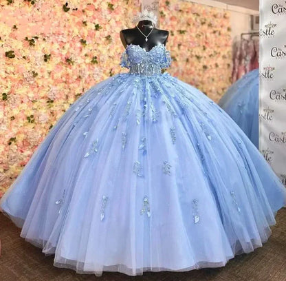 Elegant Blue Beaded Applique Off-the-shoulder Sweet 16 Quinceanera A-Line Prom Dress Birthday Dress Evening Dress Ball Gown HZ1024