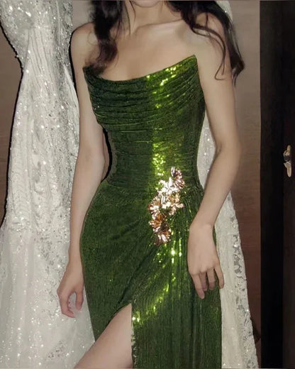 Vintage Dark Green Sheath Sequin Evening Gown Strapless Slit Party Dress Floor Length Formal Dress HZ1024