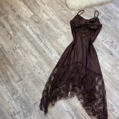 Brown Vintage Elegant Exquisite Floral Beading Spaghetti Strap Long Satin Lace Ball Gown Evening Dress Birthday Party Dress Prom Dress gh3831