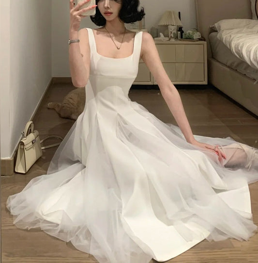 White Square Neck Spaghetti Strap Satin Tulle - Minimalist Elegant Bridesmaid/Date/Light Evening Midi Gown gh6981